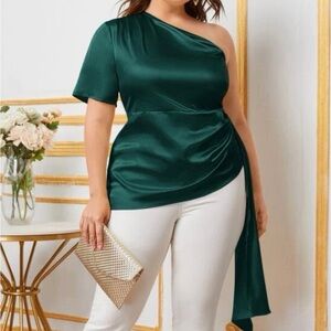 SHEIN plus one shoulder draped side asymmetrical satin like top